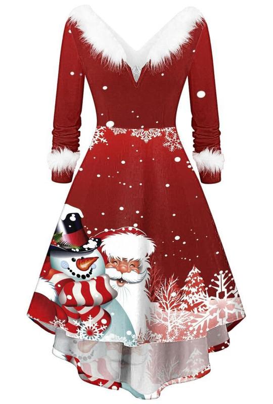 レディースクリスマス人造ぬいぐるみ長袖vネック不規則ドレスワンピース|undefined