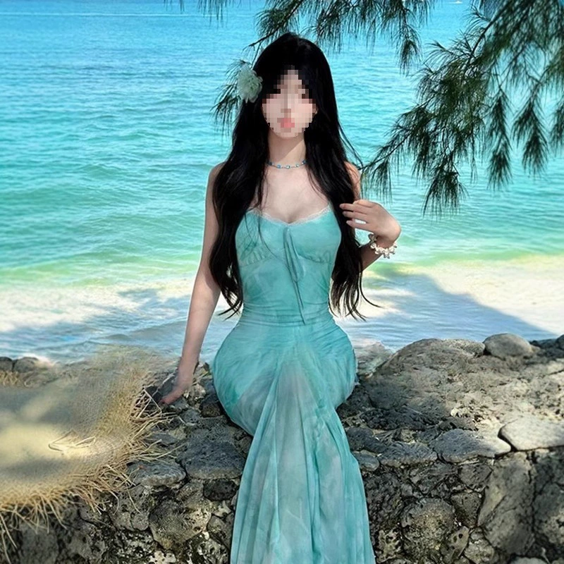 Французское светло-зеленое сетчатое платье на подтяжках с принтом для женщин, летняя длинная юбка на бедрах для отдыха на море, чистая страсть, сексуальная длинная юбка с рыбьим хвостом