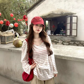 韩系复古红白条纹微透长袖t恤女夏季宽松慵懒风薄款休闲百搭上衣