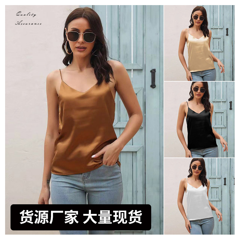 Chaleco de satén de estilo caliente de Amazon con cuello plisado colgante, camisola para mujer, camisa de mujer de comercio exterior transfronterizo europeo y americano en stock