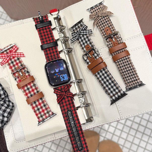 Brown Houndstooth Bow Strap Suitable for Apple Watch iWatch 11 Generation Female Leather Applewatch