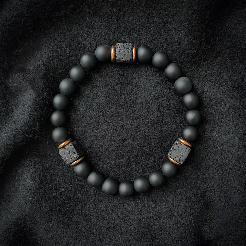 Cross-Border Hot-Selling Volcanic Stone Lava Cube Bracelet, Vintage Black Matte Elastic Handmade Beaded Bracelet Necklace Jewelry