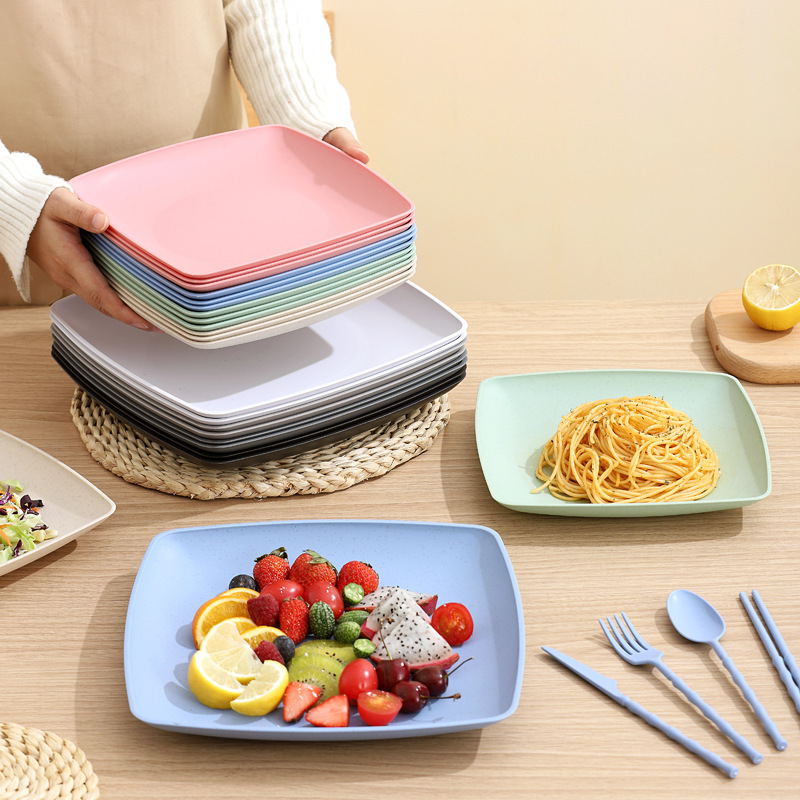 Plastic Household Square Plate Bowl Cup Knife and Fork Spoon suit Travel Camping Portable Wheat Straw Tableware suit