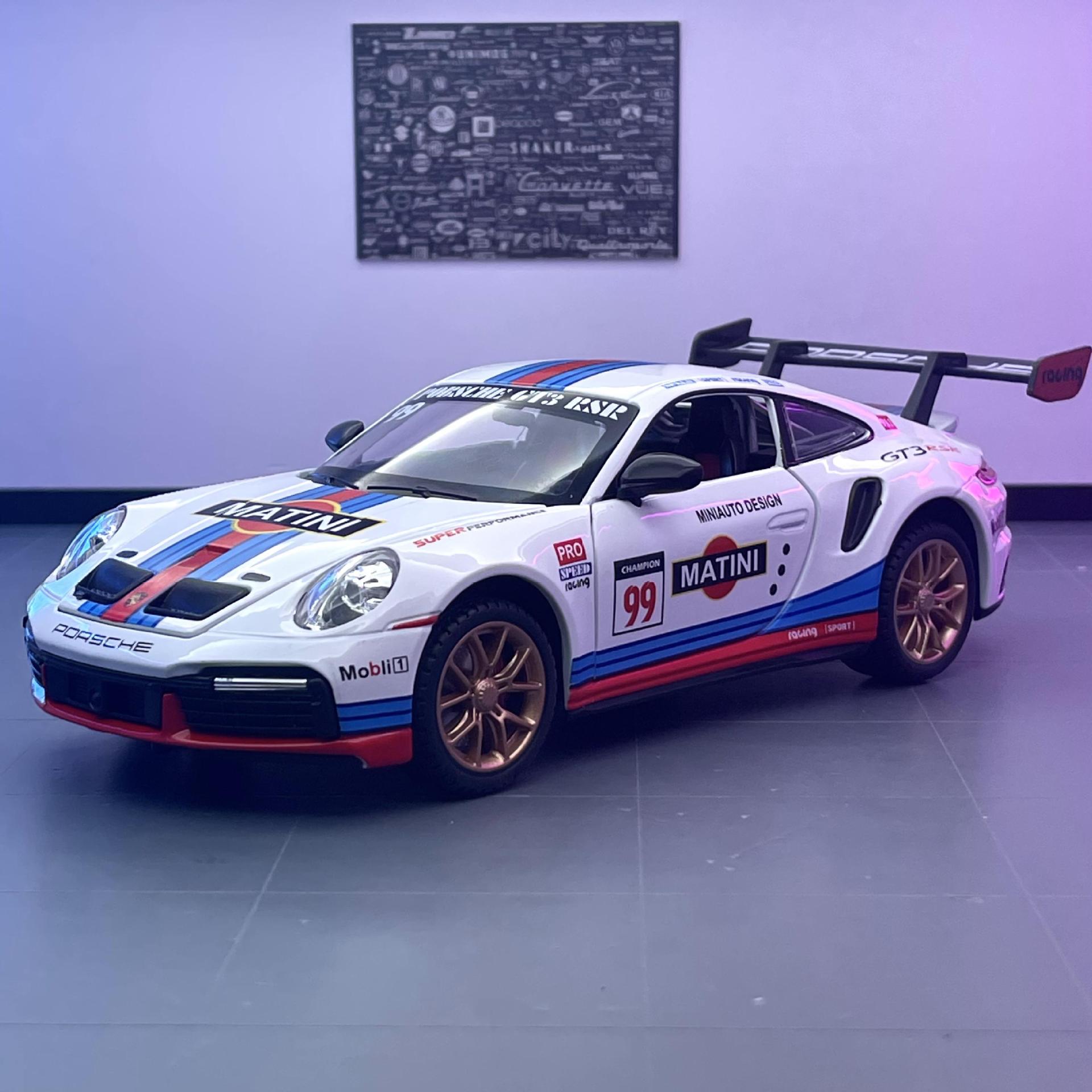 Jianyuan 1:24 Porsche 911GT3RSR versión de la pista sonido y luz Tire hacia atrás 4 puerta coche juguete música modelo adornos
