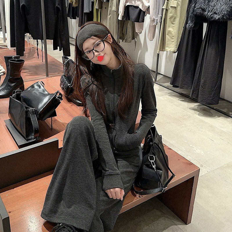 Lazy Style Casual Sportswear Suit for Women in Spring and Autum Korean Style Slimming Look Stand-Up Collar Age-Reducing Sweatshirt Wide-Leg Pants Two-Piece Set Lazy Style Casual Sportswear Suit for Women in Spring and Autum Korean Style Slimming Look Stand-Up Collar Age-Reducing Sweatshirt Wide-Leg Pants Two-Piece Set