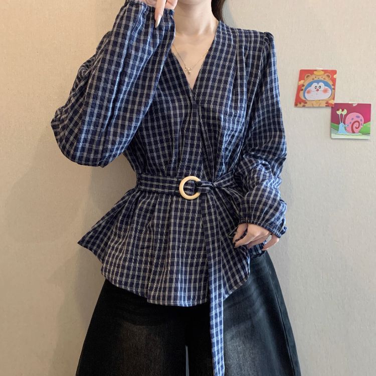 深蓝色格子长袖衬衫女秋装2025新款大码胖高级收腰绑带遮肚上衣|undefined