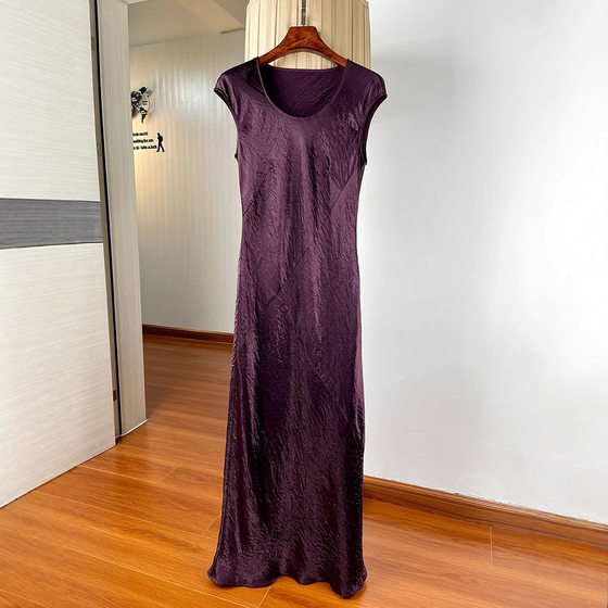 Texture Pleated Acetate Sleeve dress Summer Fashion U-Neck Tight Waisted Slim-Fit Tall Ladded Skirt