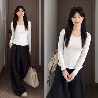 源头工厂白色内搭打底女秋冬U领正肩修身长袖极简通勤可外穿上衣