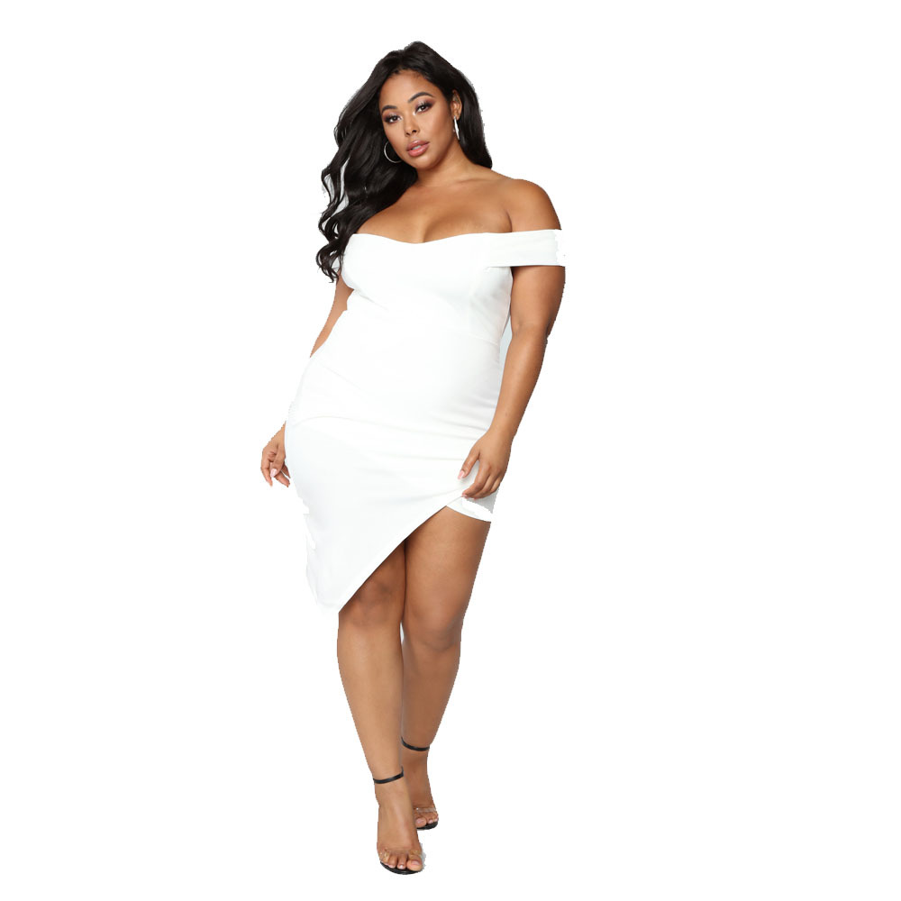 plus size one-word shoulder irregular hem short sleeve tight solid color dress NSYMA129984