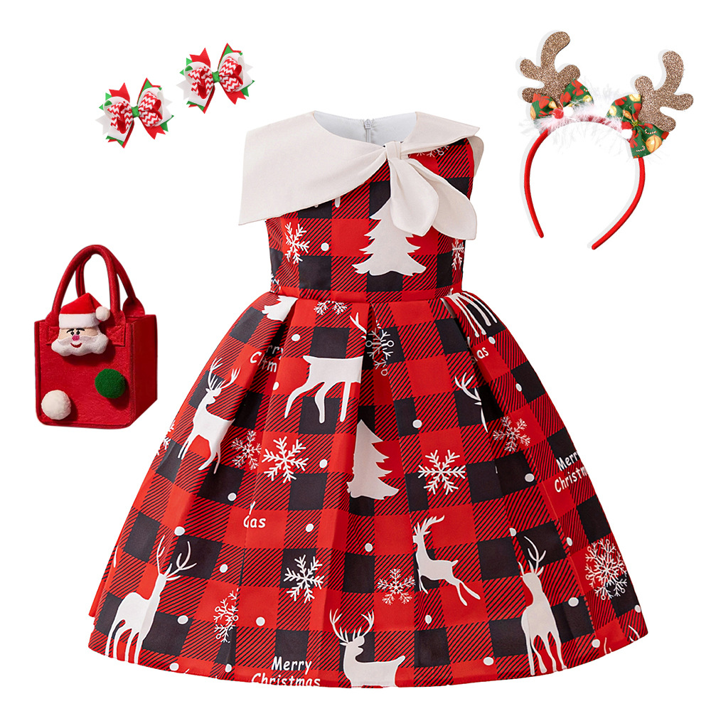 Navidad transfronteriza nuevo vestido de niña vestido de impresión a cuadros vestido de princesa de cascada vestido de princesa de cuello inclinado vestido de princesa