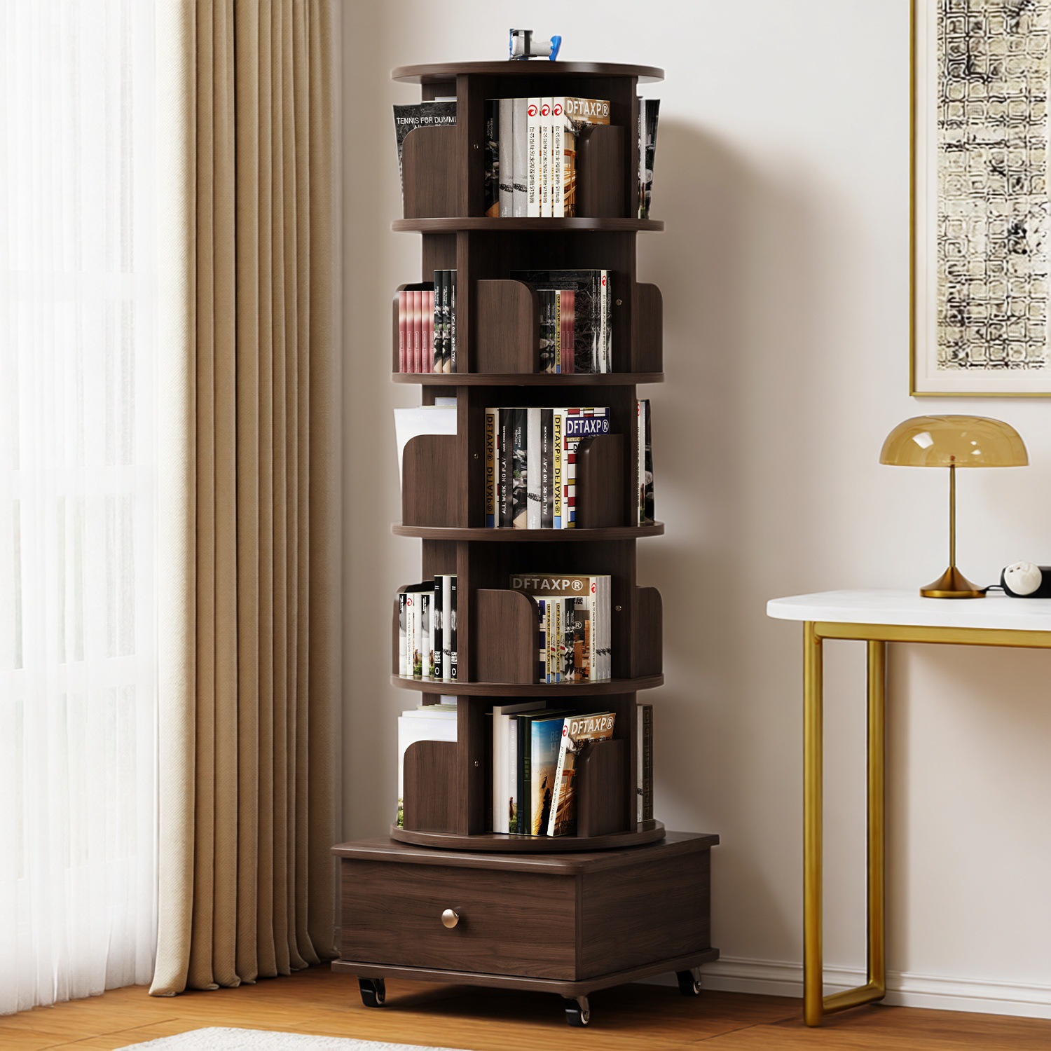 Solid Wood 360-Degree Rotating Bookshelf Bookcase Storage Living Room Mobile Kidsren's Floor-Standing Storage Shelf Storage Bedside Table