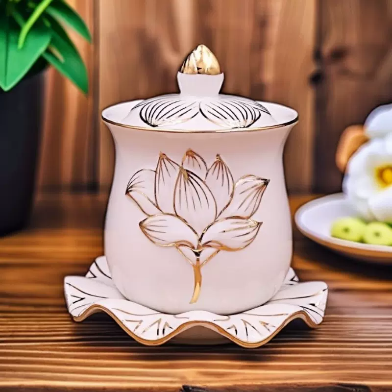 莲花圣水杯大号描金陶瓷净水杯供杯供佛观音供水杯贡杯佛前家用