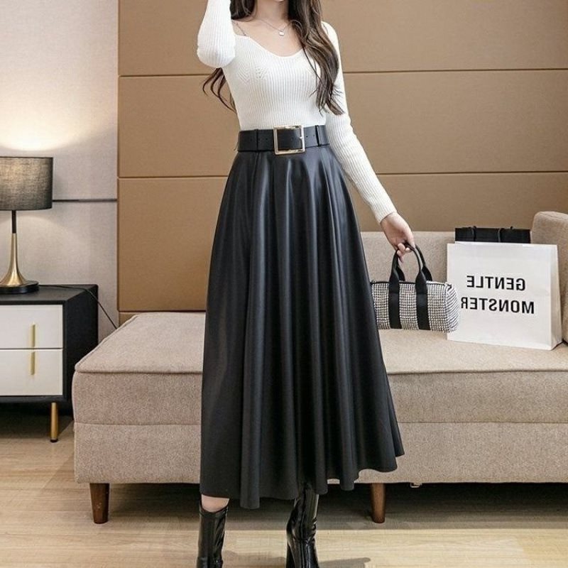咖色皮裙2025新款高腰百褶字半身裙女春秋中长款包臀大摆长裙|undefined