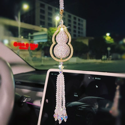 Road Guard Gourd with Diamond Light Luxury Car Pendant Car High-end Sense Car Hanging Ping An Rearview Mirror Pendant Decoration Car (Car hanging) - white-diamond-gold-edge-gourd-gift-box