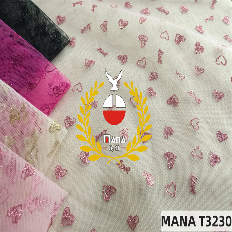 玛纳涤韩网布6420烫金爱心面料 童装纱裙 婚纱礼服布料 玩具辅料