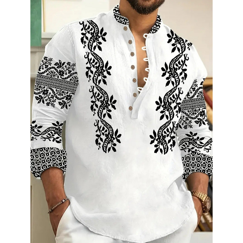 Foreign trade seven-button European and American new style men's ethnic fashion urban long-sleeve shirt cross-border men's shirt Foreign trade seven-button European and American new style men's ethnic fashion urban long-sleeve shirt cross-border men's shirt