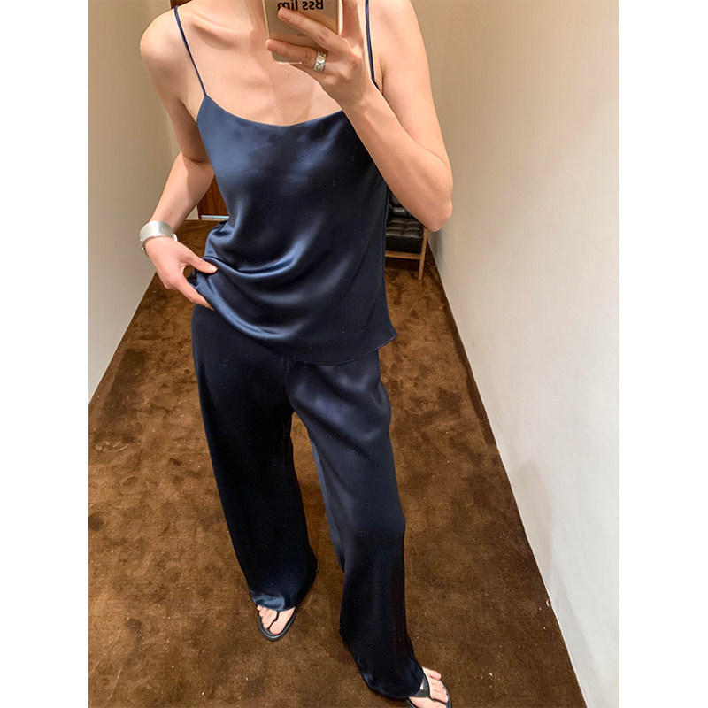 French-Style High-End Ice Silk Camisole Nightgown with Chest Pads for Women, New Summer Moonlight Satin Tank Top and Long Pants Loungewear Set