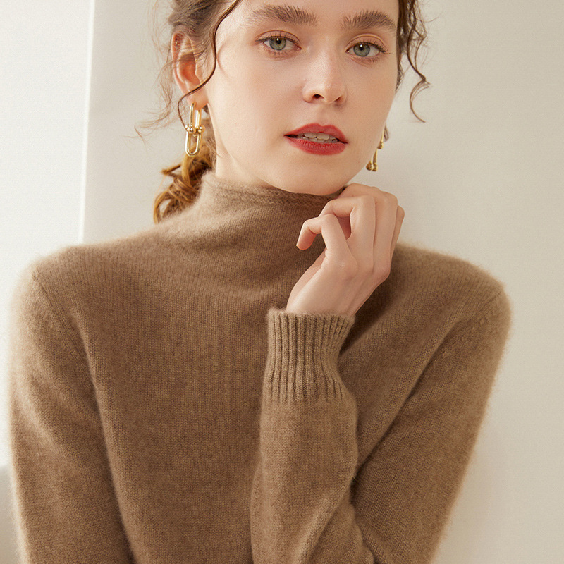 Half Turtleneck Cashmere Sweater for Women, Solid Color Cashmere Loose Knitted Sweater, Long Sleeve, New Winter Style