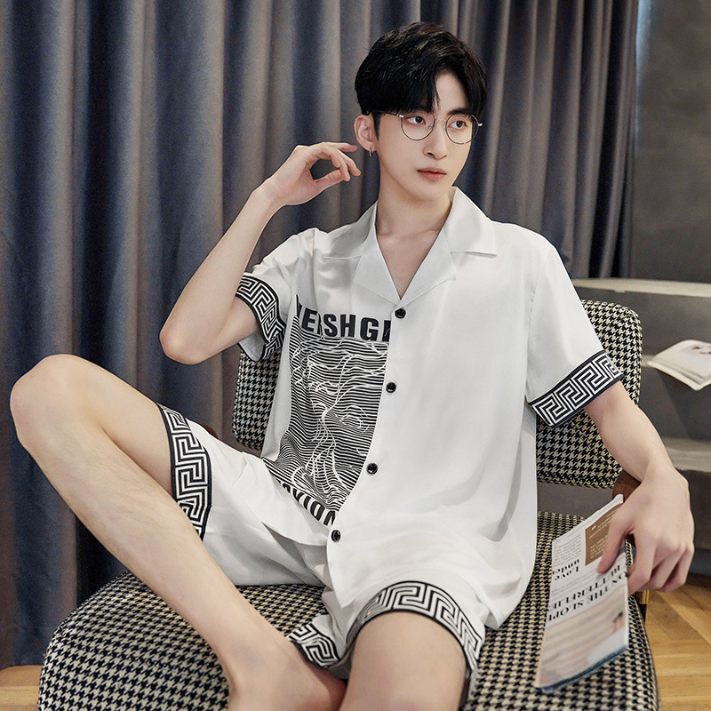 Manufacturer Wholesale Men's Summer New Pajamas Men's Suit Cartoon Short-Sleeved Korean Style Ice and Snow Silk Casual Home Wear Two-Piece Set