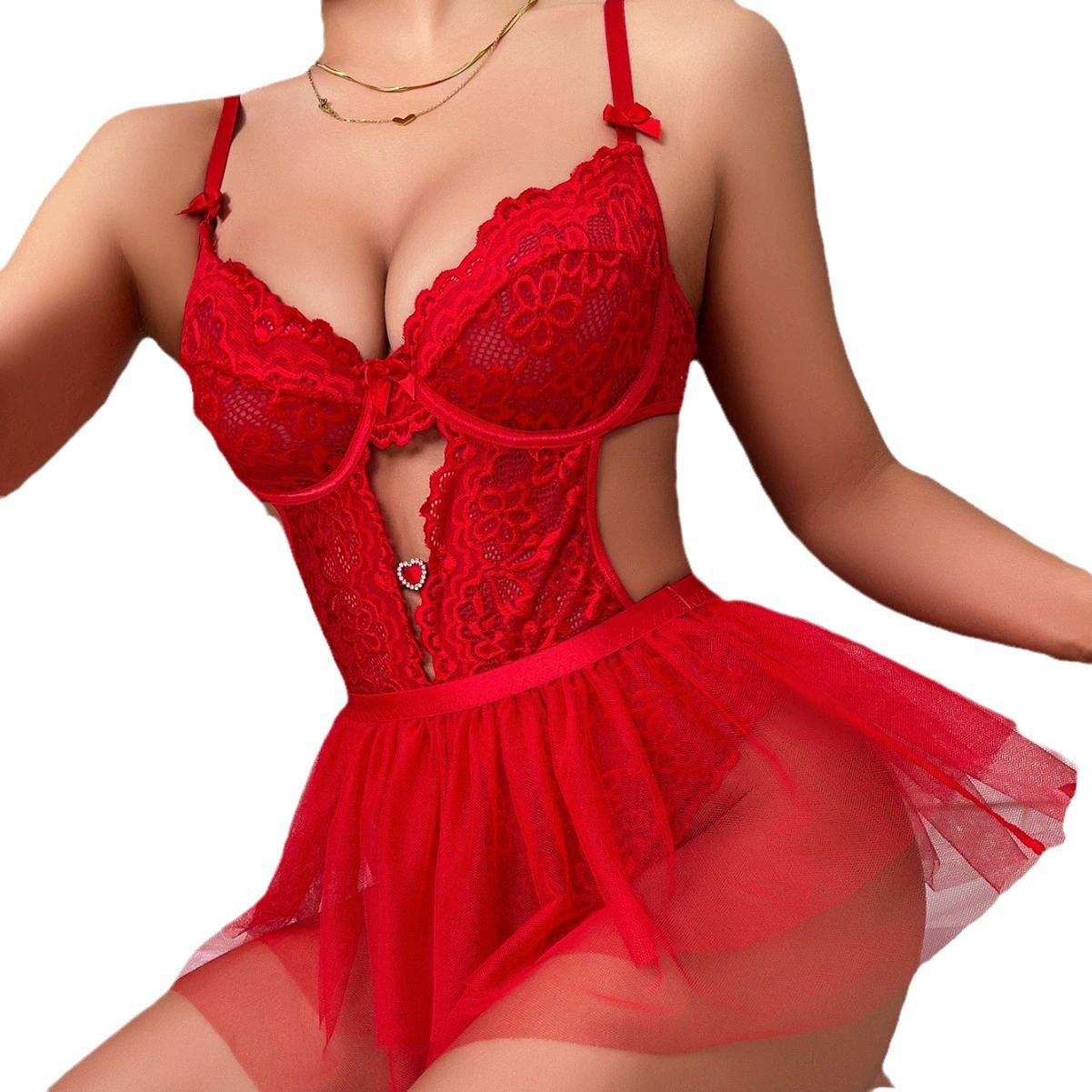 Cross-border Innocent-VixenBodysuit sexy lace suspender skirt mesh love hollow fun home