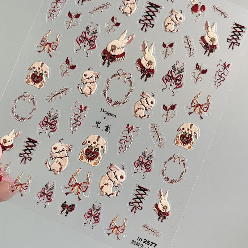 Papel adhesivo de uñas en línea popular conejo oscuro conejo violento estilo gótico chica caliente desgaste pegatina de uñas alivio tridimensional