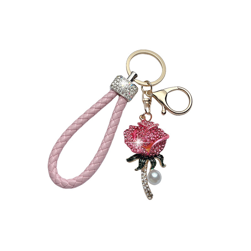 Creativo diamante rosa flor de metal lindos llavero de automóvil coreano bolsos colgantes mujeres transfronterizas