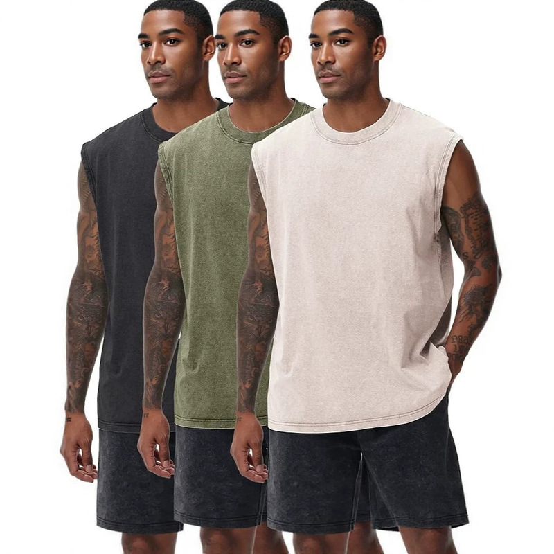 Cross-Border Men's Retro Washed Vintage Solid Color American-Style Vest Loose Sleeveless Tank Top Comfortable and Breathable