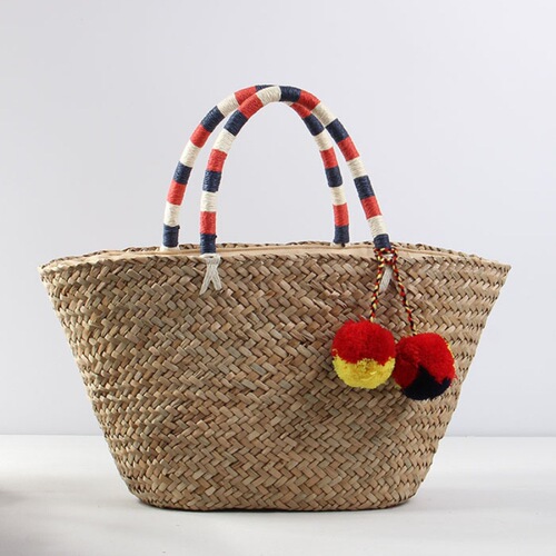 Bohemian Large Capacity Grass Woven Bag New Plush Ball Tote Shoulder Weaving Bag Vacation Beach Bag Handbag for Women