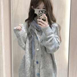 韩系气质秋冬灰色开衫毛衣女2025新款慵懒感宽松秋季连帽针织外套