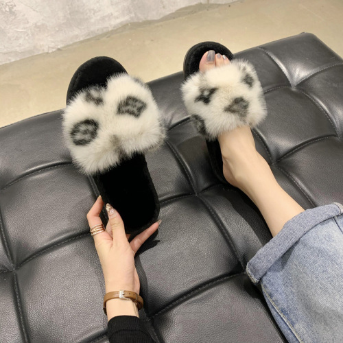 Amazon's new flower slip-on fur flat slippers for women's home high and low wool open cotton slippers foreign trade