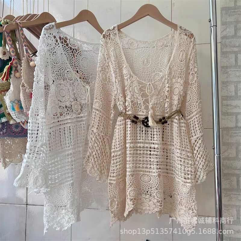 Thailand's Holiday Mid-Length Cut Out Bell-Sleeved Lace Pullover with Crocheted Loose Hot Spring Outer Knitted Blouse