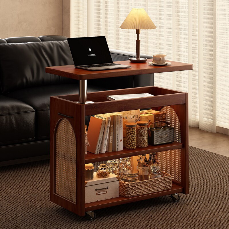 Solid Wood Sofa Side Table, Living Room Mobile Small Coffee Table, Bedroom Bedside Table, Storage Rack, Small Apartment, Mid-Century Style Trolley