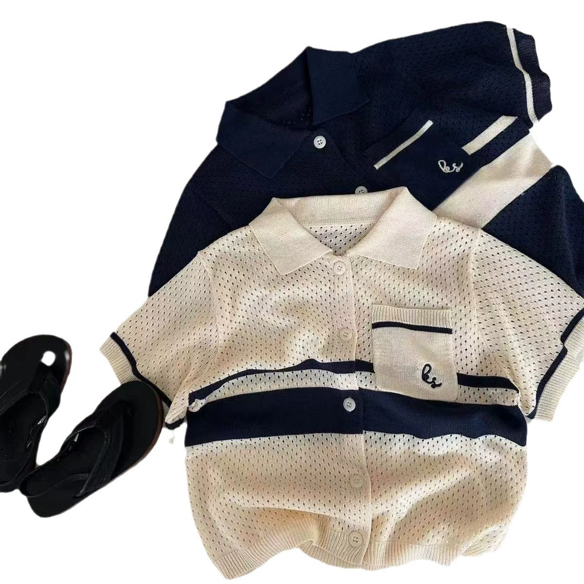 Summer knitted silk sweater for men and women, with short sleeve, western style, polo collar