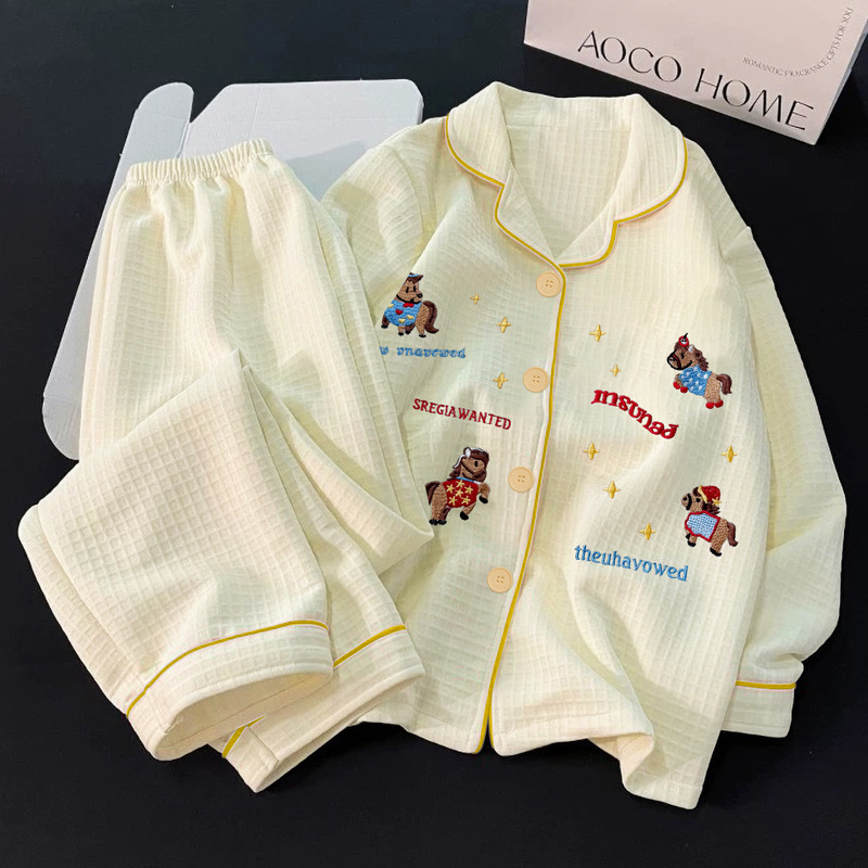 Cute Ins Style Waffle Plaid Autumn and Winter Air Cotton Casual Fashion Pajamas Women's Home Wear Set Wholesale