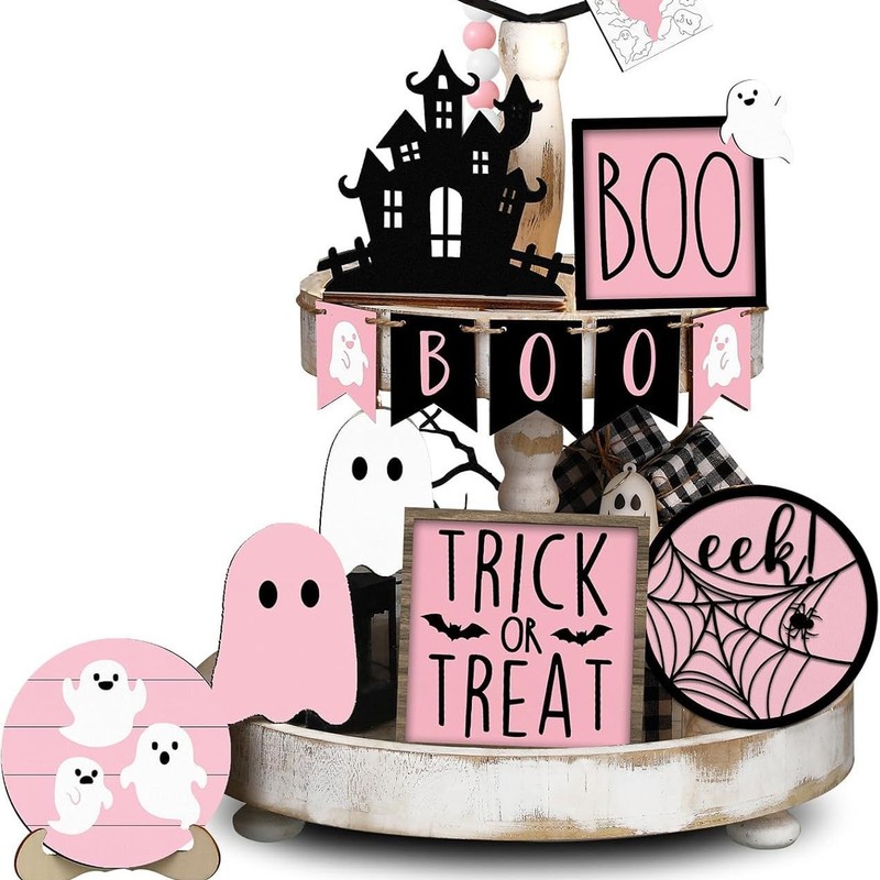 ハロウィンレイヤードトレイ装飾セットかわいいゴーストトレイ装飾ピンクハロウィン装飾装飾品卸売|undefined