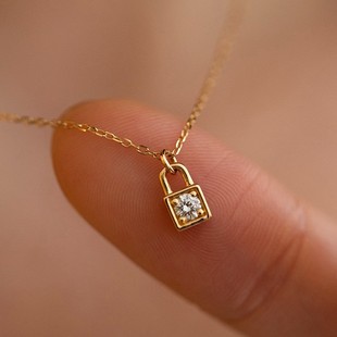 Lock~S925 Sterling Silver Plated 18K Gold Small Lock Zircon Necklace Pendant Women's Clavicle Chain