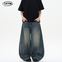 LKTM男服 # アメリカンレトロ青水洗いジャガードルジーンズ男女潮牌baggy直筒鎌ズボン