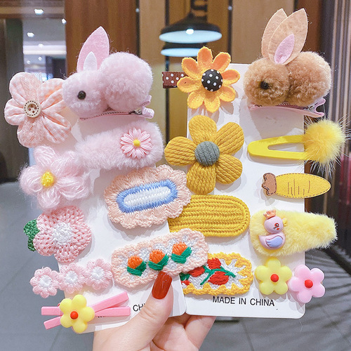 Children's Cartoon Hair Clip Set Autumn and Winter Plush Rabbit Knitted BB Clip Duckbill Clip Does Not Harm Hair Girls Baby Headwear