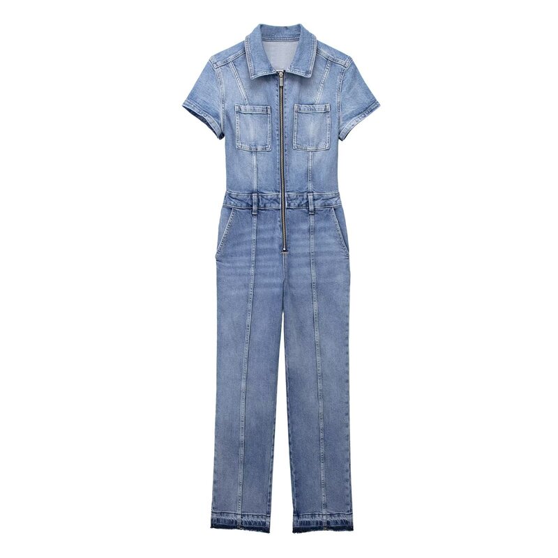 Fall 2023 new European and American cross-border women's street style lapel short sleeve slim long short sleeve Denim jumpsuit