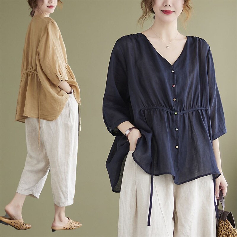 Plus-Size Cotton and Linen Women's Two-Piece Set for Middle-Aged Moms, Stylish and Fashionable Casual Shirt Top Summer Outfit Plus-Size Cotton and Linen Women's Two-Piece Set for Middle-Aged Moms, Stylish and Fashionable Casual Shirt Top Summer Outfit