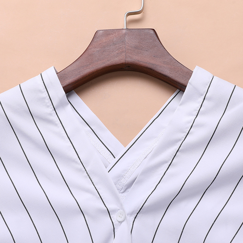 summer fashion double V-neck striped waist long-sleeved shirt NSHEQ60364