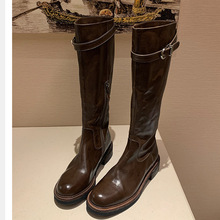 葡萄妈同款高筒靴女水洗马皮秋冬圆头皮带扣粗跟厚底长筒骑士靴女