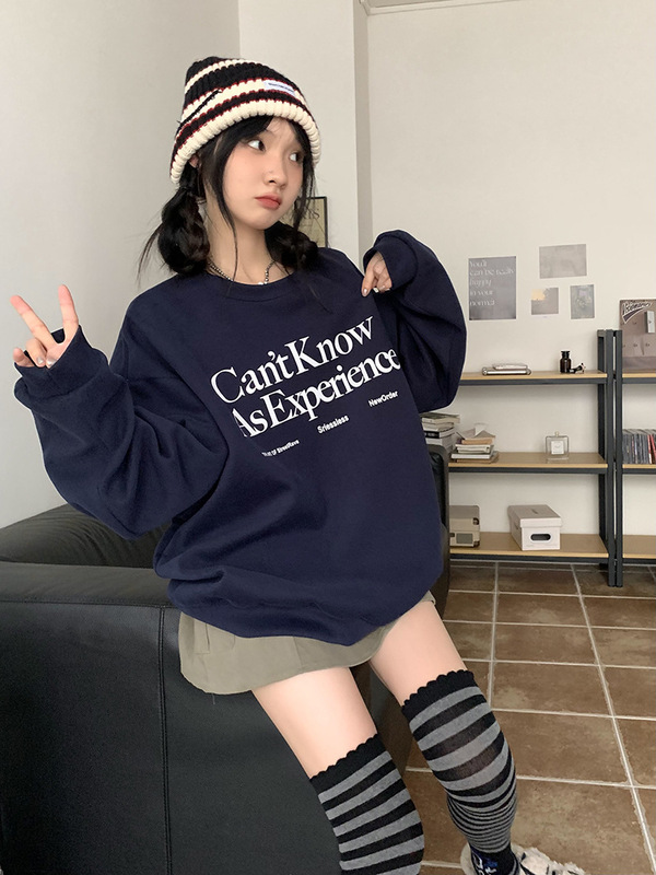 美式复古圆领加绒加厚卫衣女秋冬季减龄显瘦字母印花绒衫套头外套|undefined