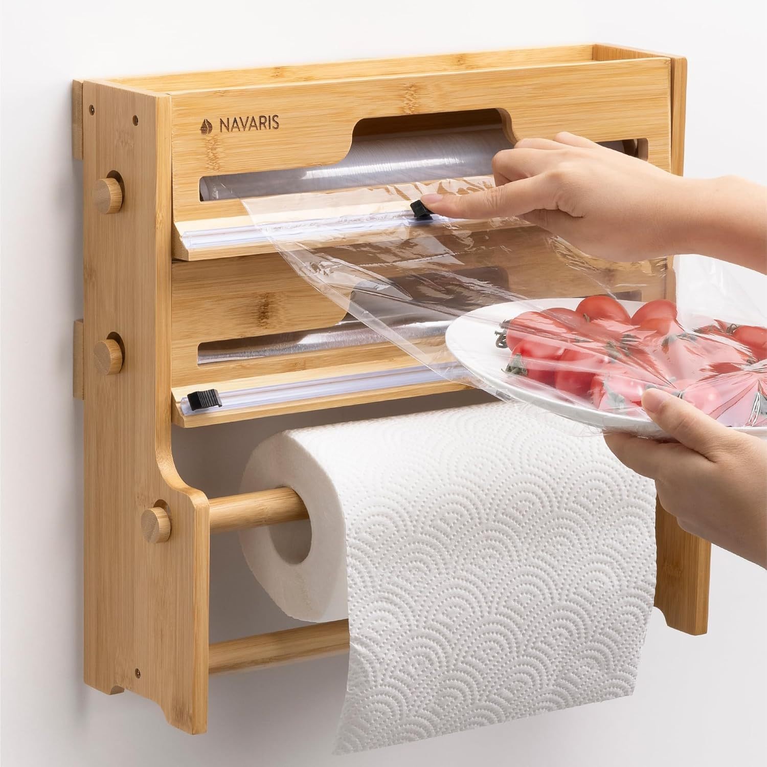 Bamboo Cling Film Cutter Box with Kitchen Paper Holder Wall-Mounted Multi-Compartment Condiment Kitchen Paper Storage Rack