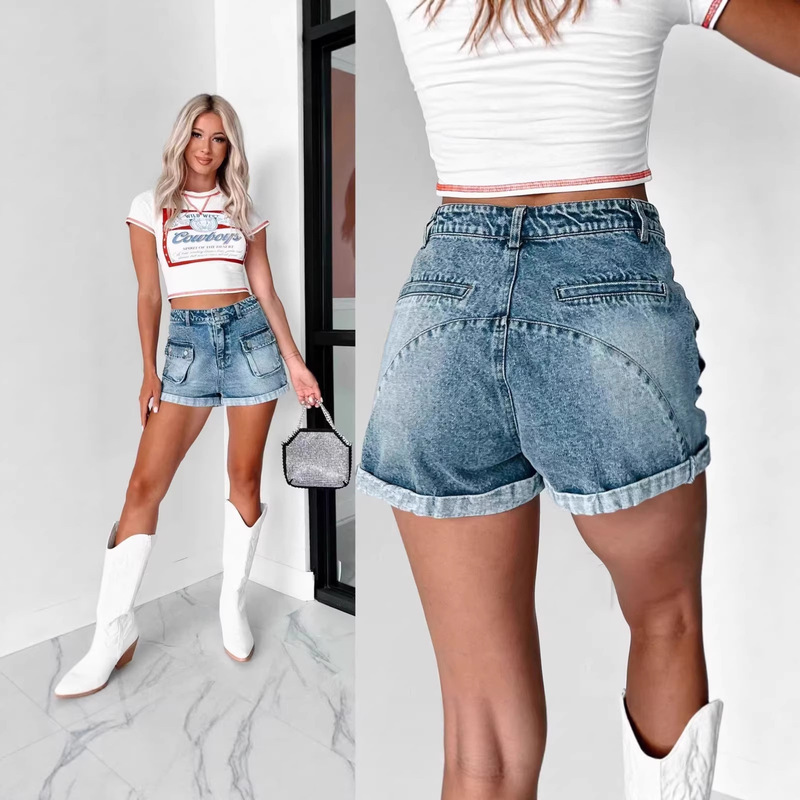Cross-Border European and American Amazon Hot-Selling Accordion Pocket Design with Fake Back Pockets and Rolled Hem Denim Shorts Cross-Border European and American Amazon Hot-Selling Accordion Pocket Design with Fake Back Pockets and Rolled Hem Denim Shorts