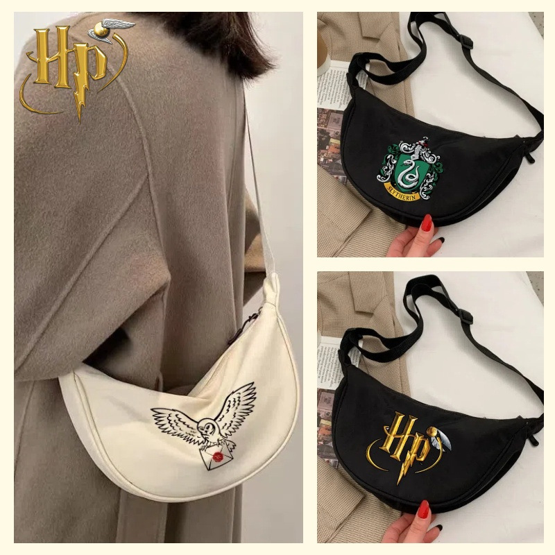 Harry Potter Cartoon Print Nylon Crossbody Bag Women's Dumpling Bag Lightweight Underarm Bag Simple Shoulder Canvas Bag