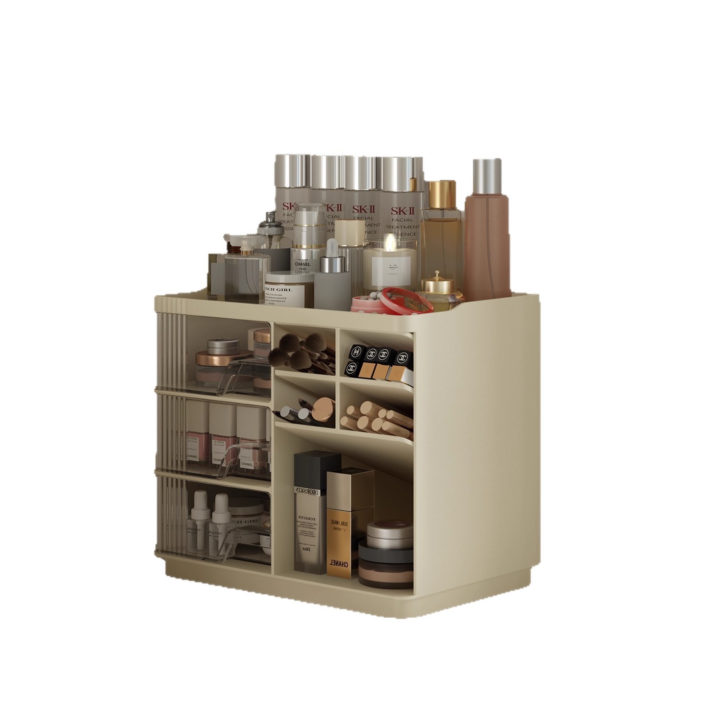 Caja de almacenamiento de cosméticos de escritorio, estante de almacenamiento de aparador, estante de exhibición tipo cajón de gran capacidad, estante de acabado de productos de cuidado de la piel