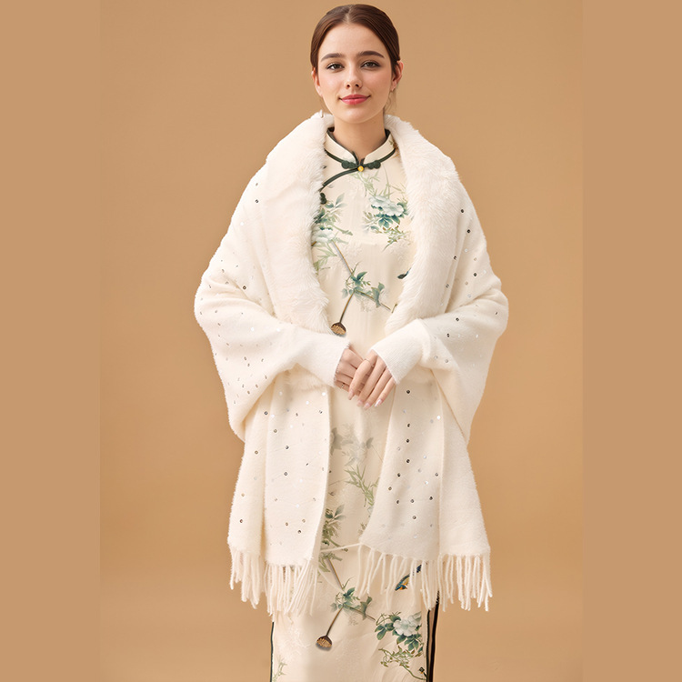 Beaded Fur Collar Knitted Shawl Autumn and Winter Cloak with Sleeves Imitation Mink Velvet Warm Cross-border in stock Coat Women's Cloak