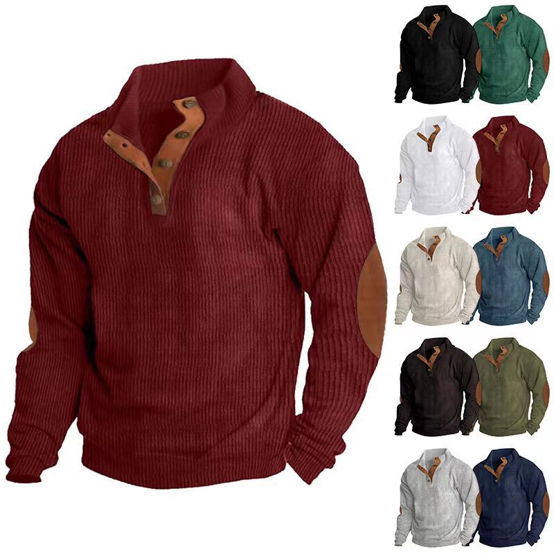 Camicia a maniche lunghe in velluto a coste con patchwork a tinta unita, stile retrò casual, taglie forti, per il commercio estero europeo e americano._voghion.com