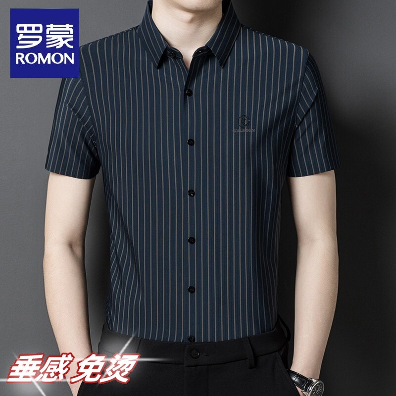 Romon Summer Men's Short-Sleeve Shirt with Silk Feel, Business Casual Striped Shirt, Thin Non-Iron Men's Shirt Romon Summer Men's Short-Sleeve Shirt with Silk Feel, Business Casual Striped Shirt, Thin Non-Iron Men's Shirt